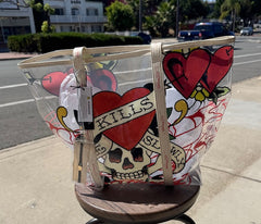 NWT ED HARDY PVC CLEAR TOTE BAG "LOVE KILLS SLOWLY" WITH BADGE CARRIER
