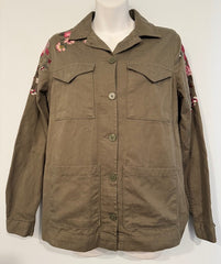 Pre-Owned Army Green Chore Coat w/ Embroidered Flowers Size XS