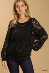 Umgee Hollow Round Neck Crochet Pullover Sweater
