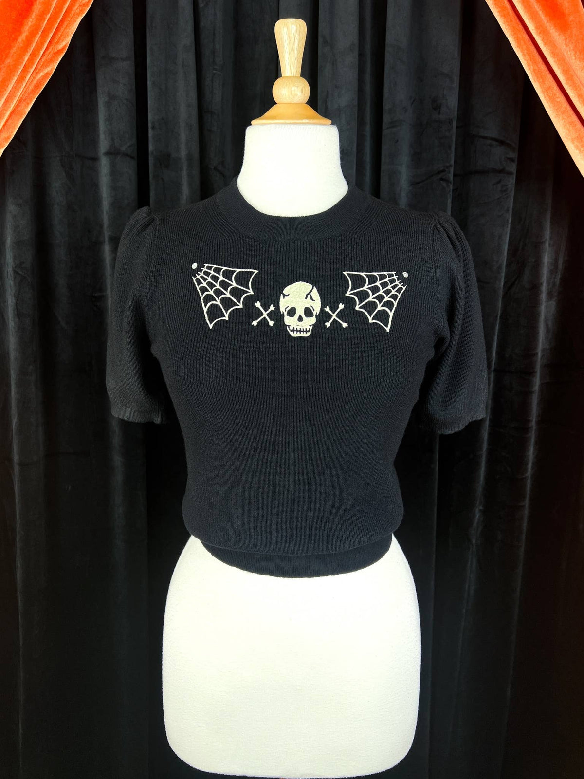 Skull Web Short Sleeve Sweater in Black