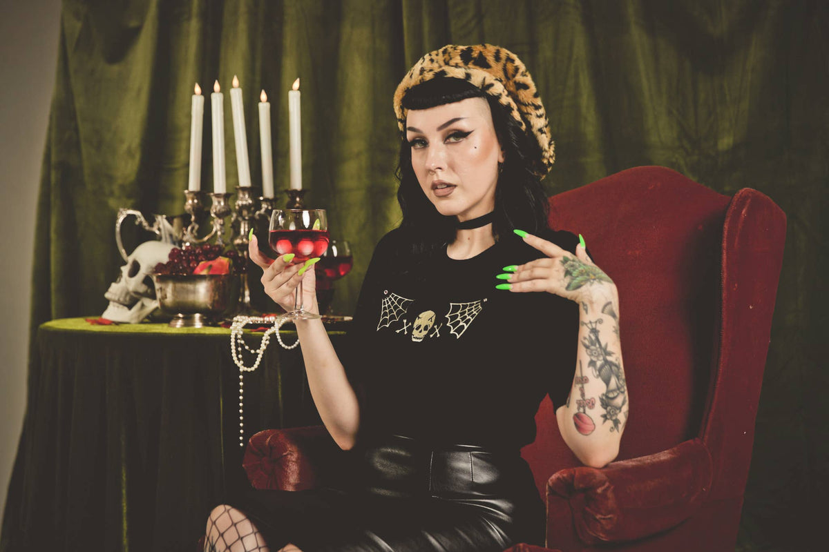 Skull Web Short Sleeve Sweater in Black