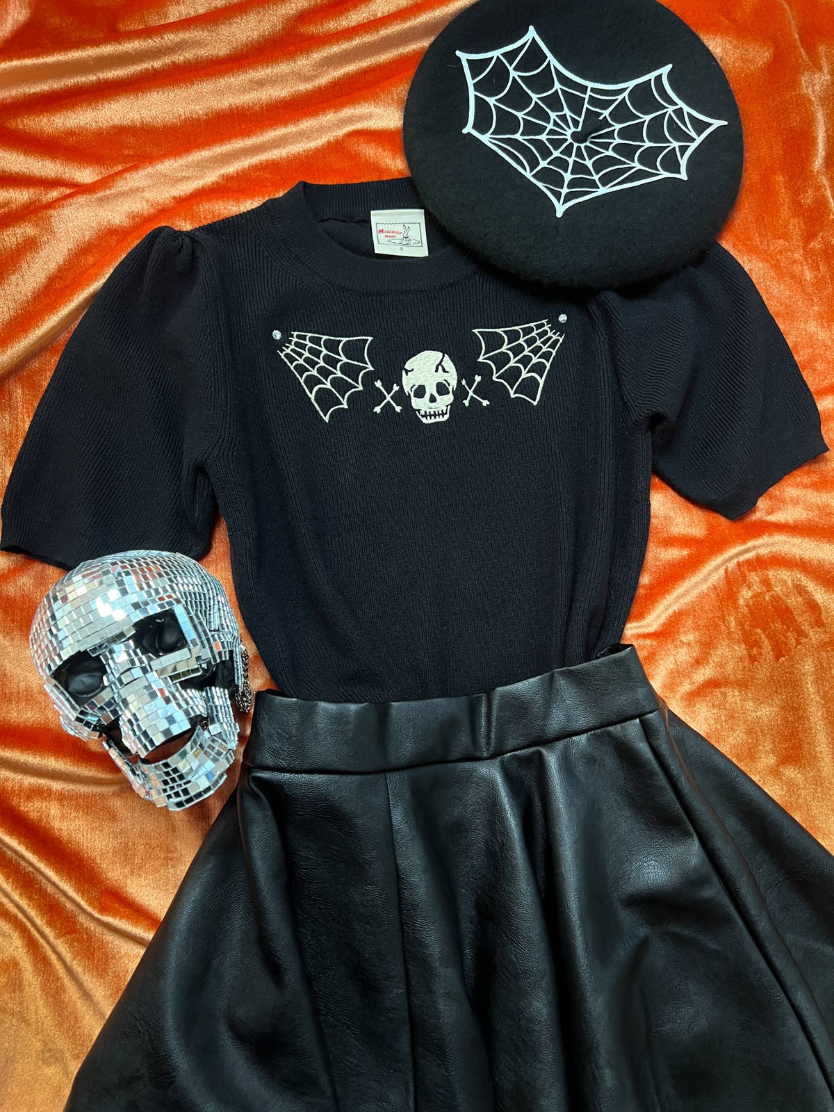 Skull Web Short Sleeve Sweater in Black