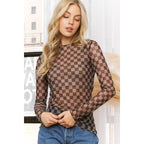 CHECKERED PRINT MESH CREW NECK DESIGN LONG SLEEVE TOP