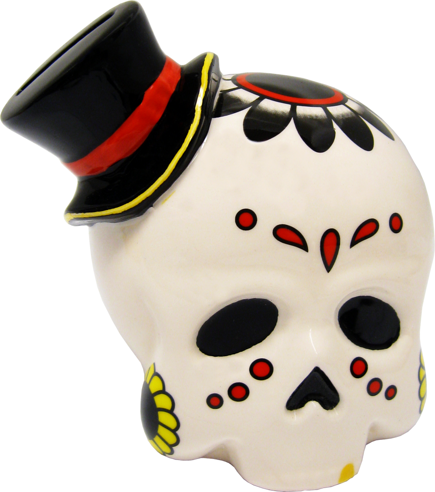Money Bank - Sourpuss  - Ceramic Sugar Skull With Top Hat 5"