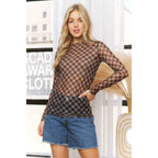 CHECKERED PRINT MESH CREW NECK DESIGN LONG SLEEVE TOP