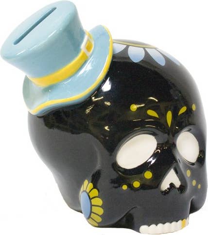 Money Bank - Sourpuss  - Ceramic Sugar Skull With Top Hat 5"
