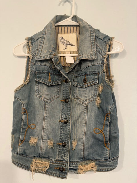Raven Distressed Denim Vest Size Small