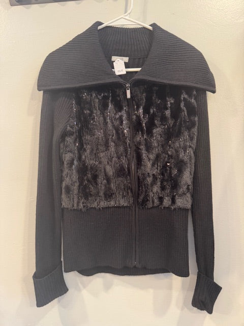 Pre-Owned Cache Black Sequin Jacket Shiny Fury and More Size Medium