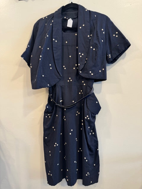 Vintage Style Blue Polka Dot Dress with Short Coat Size Extra Small/Small Main image