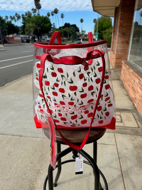 NWT ED HARDY PVC CLEAR TOTE BAG "CHERRIES" WITH BADGE CARRIER
