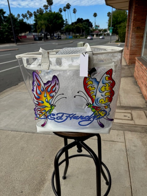 NWT ED HARDY PVC CLEAR TOTE BAG "BUTTERFLY" WITH BADGE CARRIER