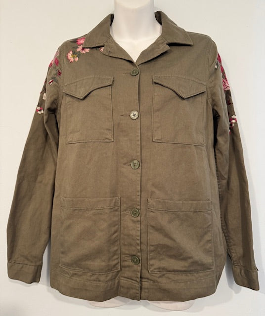 Pre-Owned Army Green Chore Coat w/ Embroidered Flowers Size XS