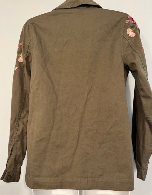 Pre-Owned Army Green Chore Coat w/ Embroidered Flowers Size XS