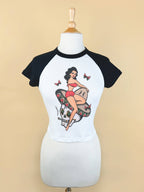 Belle Muerte Short Raglan Cropped Baby tee in White/Black
