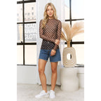 CHECKERED PRINT MESH CREW NECK DESIGN LONG SLEEVE TOP