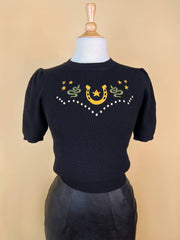 NWT Lucky Horseshoe Short Sleeve Sweater in Black