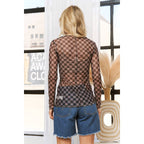 CHECKERED PRINT MESH CREW NECK DESIGN LONG SLEEVE TOP