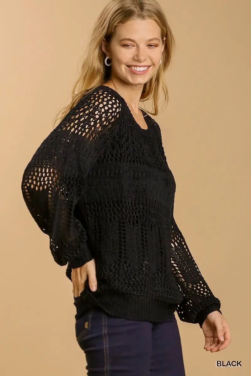 Umgee Hollow Round Neck Crochet Pullover Sweater