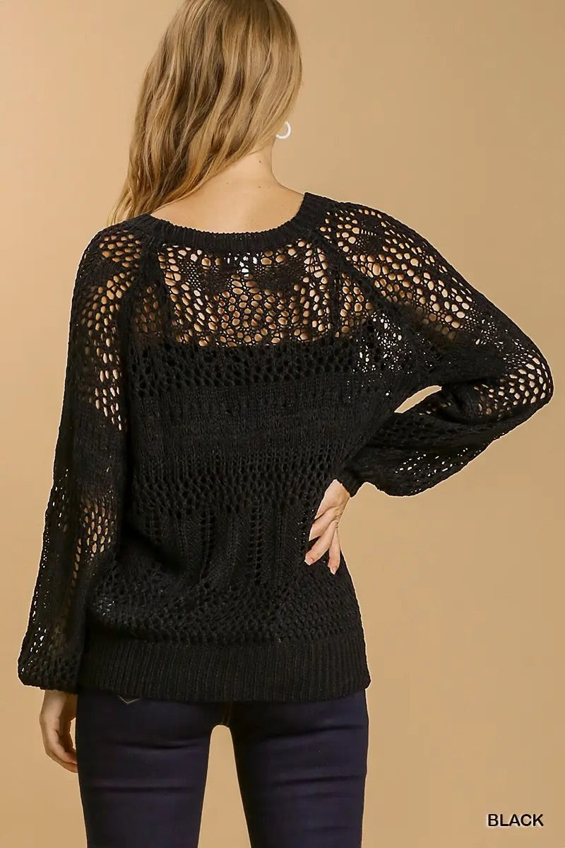 Umgee Hollow Round Neck Crochet Pullover Sweater
