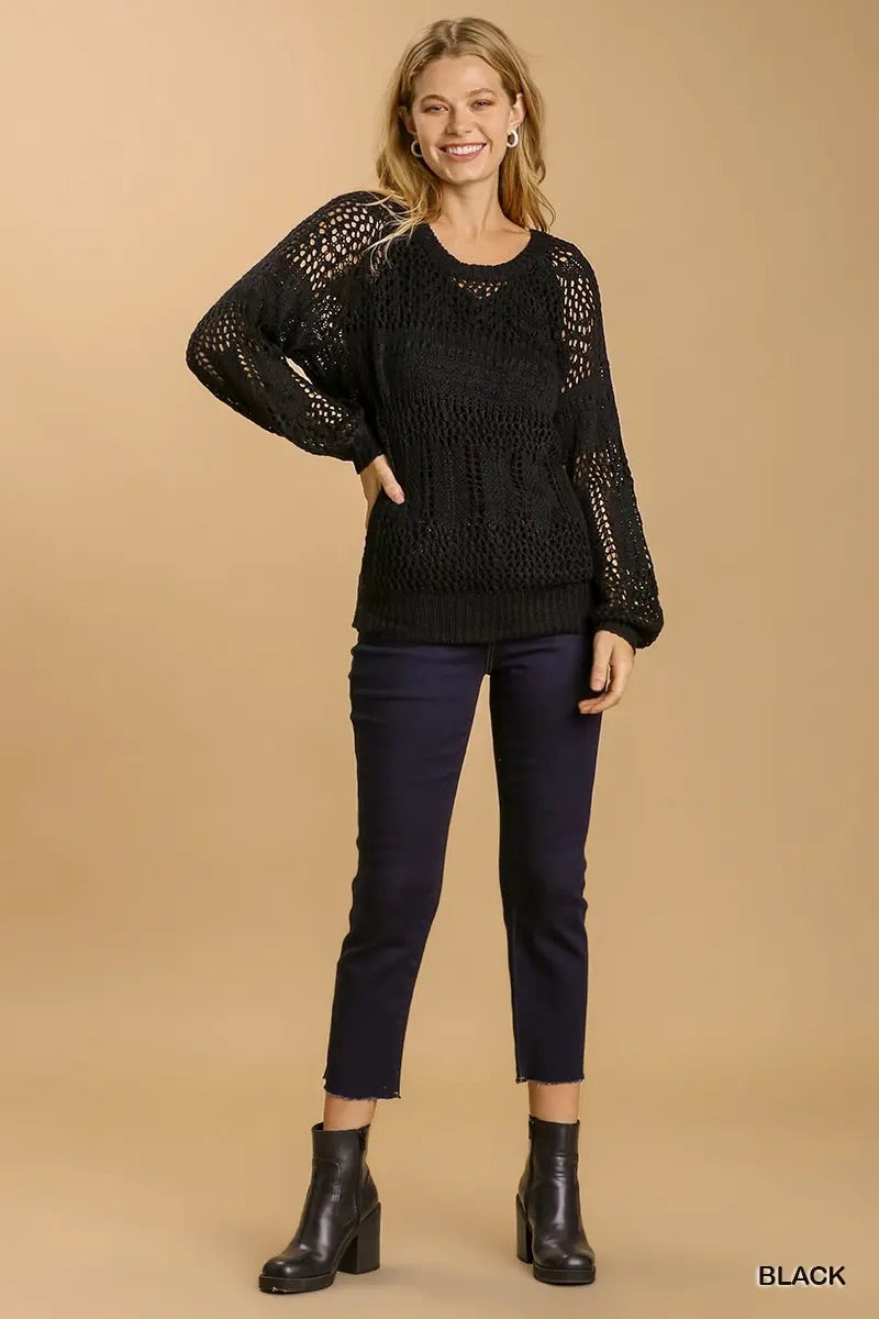 Umgee Hollow Round Neck Crochet Pullover Sweater