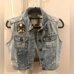 Customized One of a Kind embellished Denim Original Jean Vest Size Medium  I LOVE H81