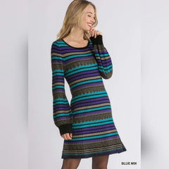 NWT UMGEE 90s style stripe sweater dress, balloon poet sleeves jewel tones Medium