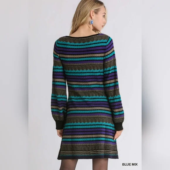 NWT UMGEE 90s style stripe sweater dress, balloon poet sleeves jewel tones Medium